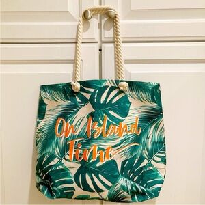 “On Island Time” Tropical Leaf Print Tote Bag